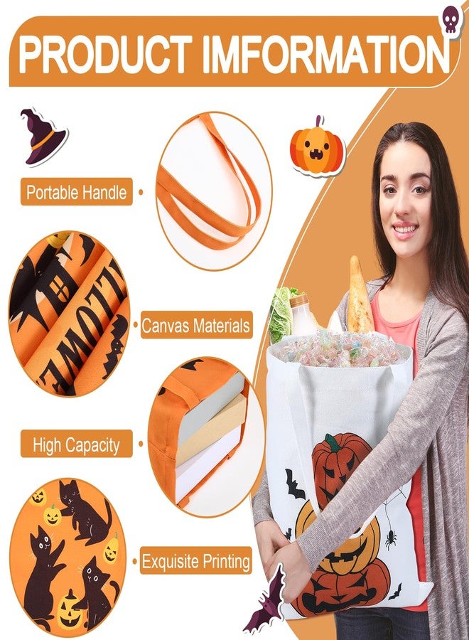 Yeyeplum 12 Pcs Large Halloween Canvas Tote Bags Bulk 15.75" Reusable Trick or Treat Goodie Candy Bags Pumpkin Boo Ghosts Black Cat Skull Castle Grocery Shopping Tote Gift for Halloween Party Supplies - Image 3